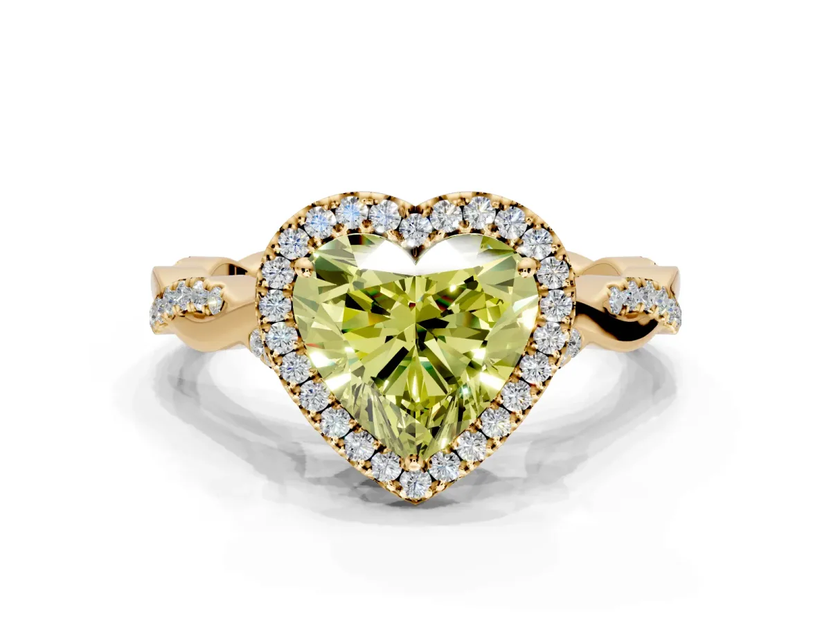 Halo Engagement Ring Setting for Fancy Yellow Heart-Shaped Center with Twist Band and Prong Head in Yellow Gold