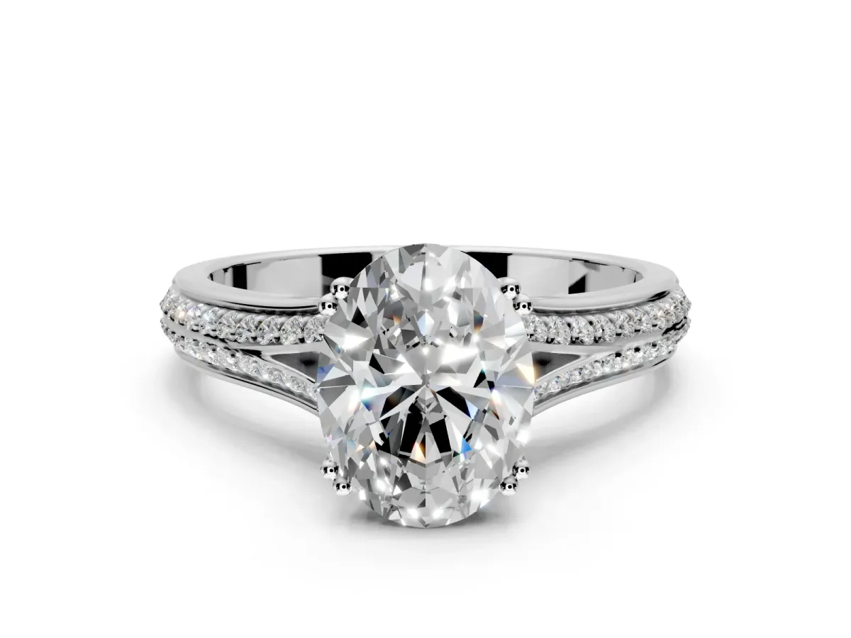 Solitaire Engagement Ring Setting for Oval Center with Pave Rail Split Shank and Prong Head in Platinum