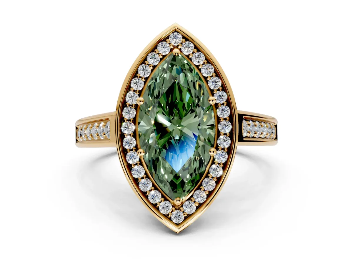 Halo Engagement Ring Setting for Fancy Green Marquise Center with Outer Bezel Rim, Pave Band and Prong Head in Yellow Gold