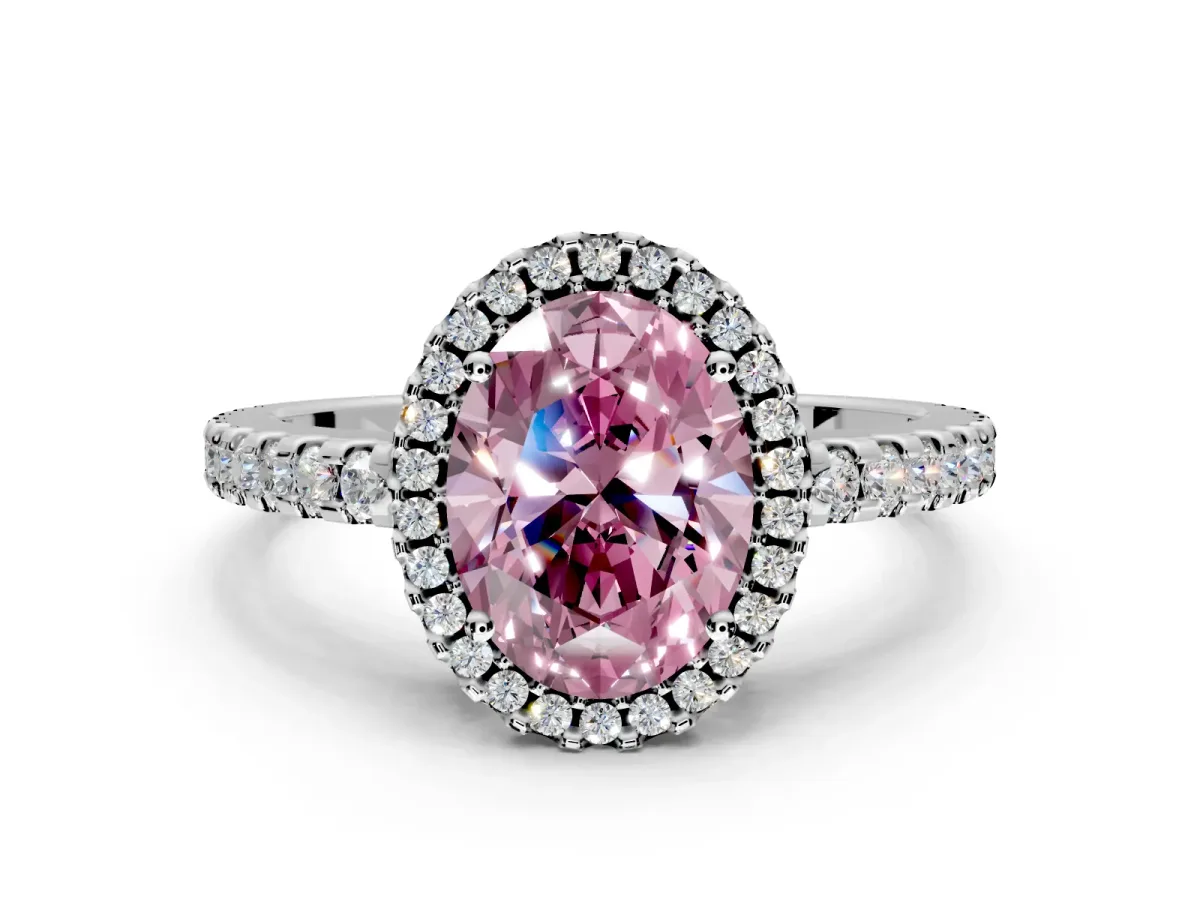 Accent Halo Engagement Ring Setting for Fancy Pink Oval Center with Full-Length Pave Band and Prong Head in Platinum