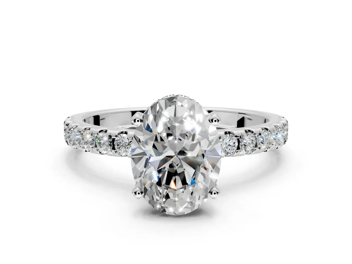 Solitaire Engagement Ring Setting for Oval Center with Band of Accents and Prong Head in Sterling Silver