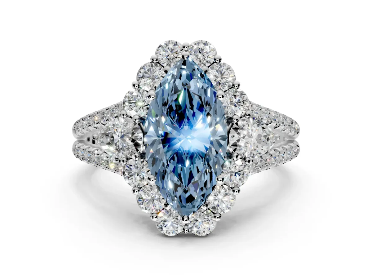 Halo Engagement Ring Setting for Fancy Blue Marquise Center with Two-Strand Split Shank and Prong Head in Sterling Silver