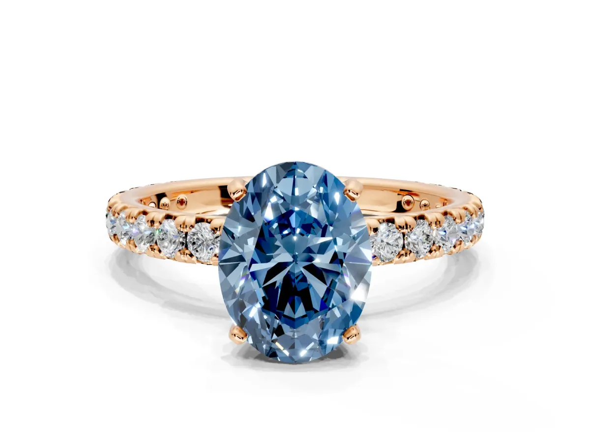 Solitaire Engagement Ring Setting for Fancy Blue Oval Center with Shared-Prong Accents and Prong Head in Rose Gold
