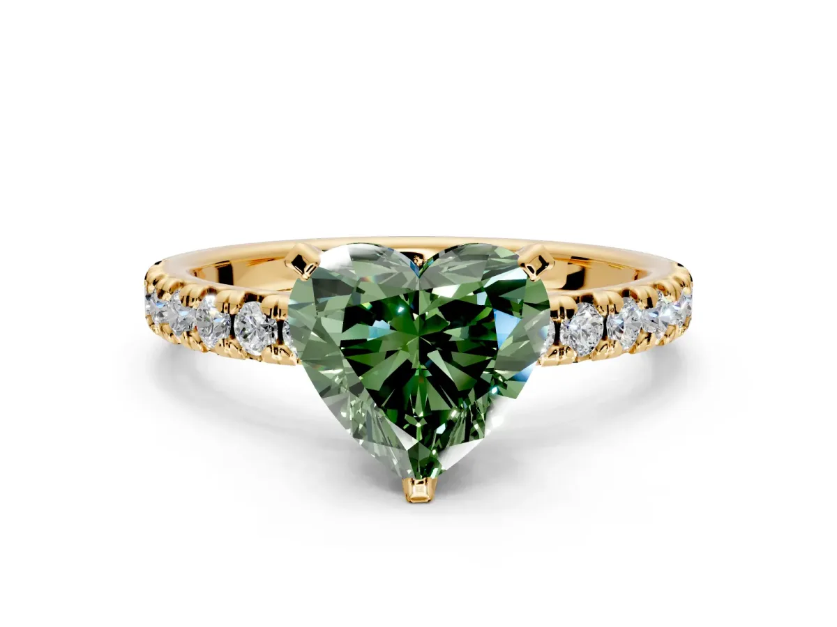 Solitaire Engagement Ring Setting for Fancy Green Heart-Shaped Center with Large Accents and Prong Head in Yellow Gold