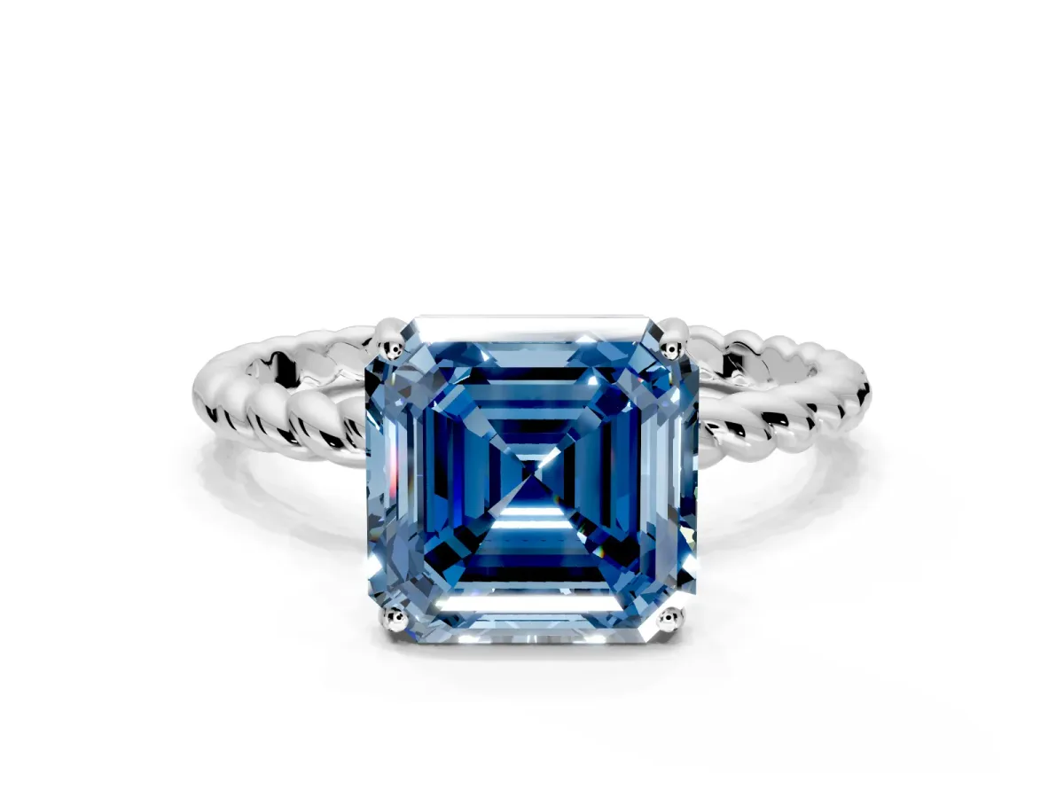 Solitaire Engagement Ring Setting for Fancy Blue Asscher Cut Center with Plain Twisted Rope Band and Prong Head in White Gold