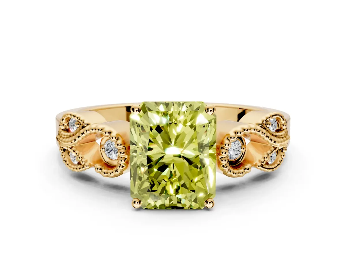 Leaf Engagement Ring Setting for Fancy Yellow Princess Cut Center with Milgrain Accent Band and Prong Head in Yellow Gold