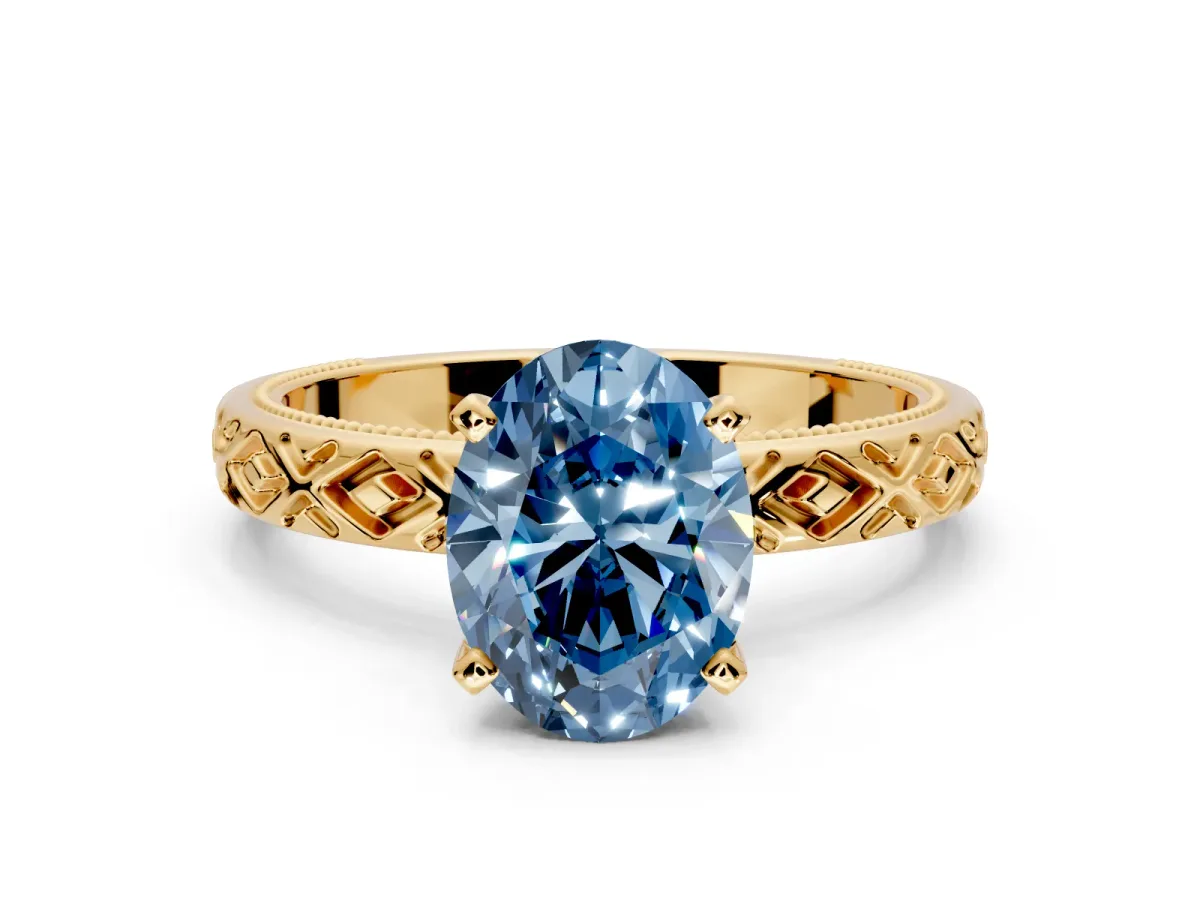 Solitaire Engagement Ring Setting for Fancy Blue Oval Center with Milgrain X Pattern Band and Prong Head in Yellow Gold