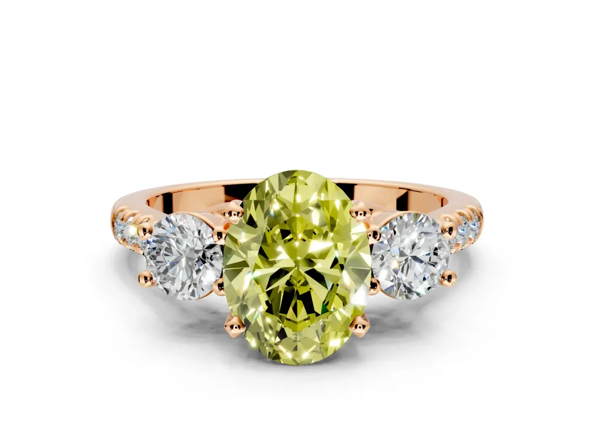 3 Stone Engagement Ring Setting for Fancy Yellow Oval Center with Crossover Basket, Pave Band and Prong Head in Rose Gold
