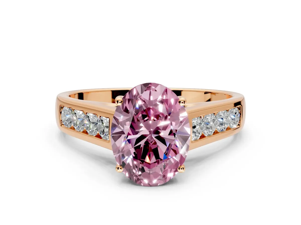 Solitaire Engagement Ring Setting for Fancy Pink Oval Center with Cathedral Channel Band and Prong Head in Rose Gold