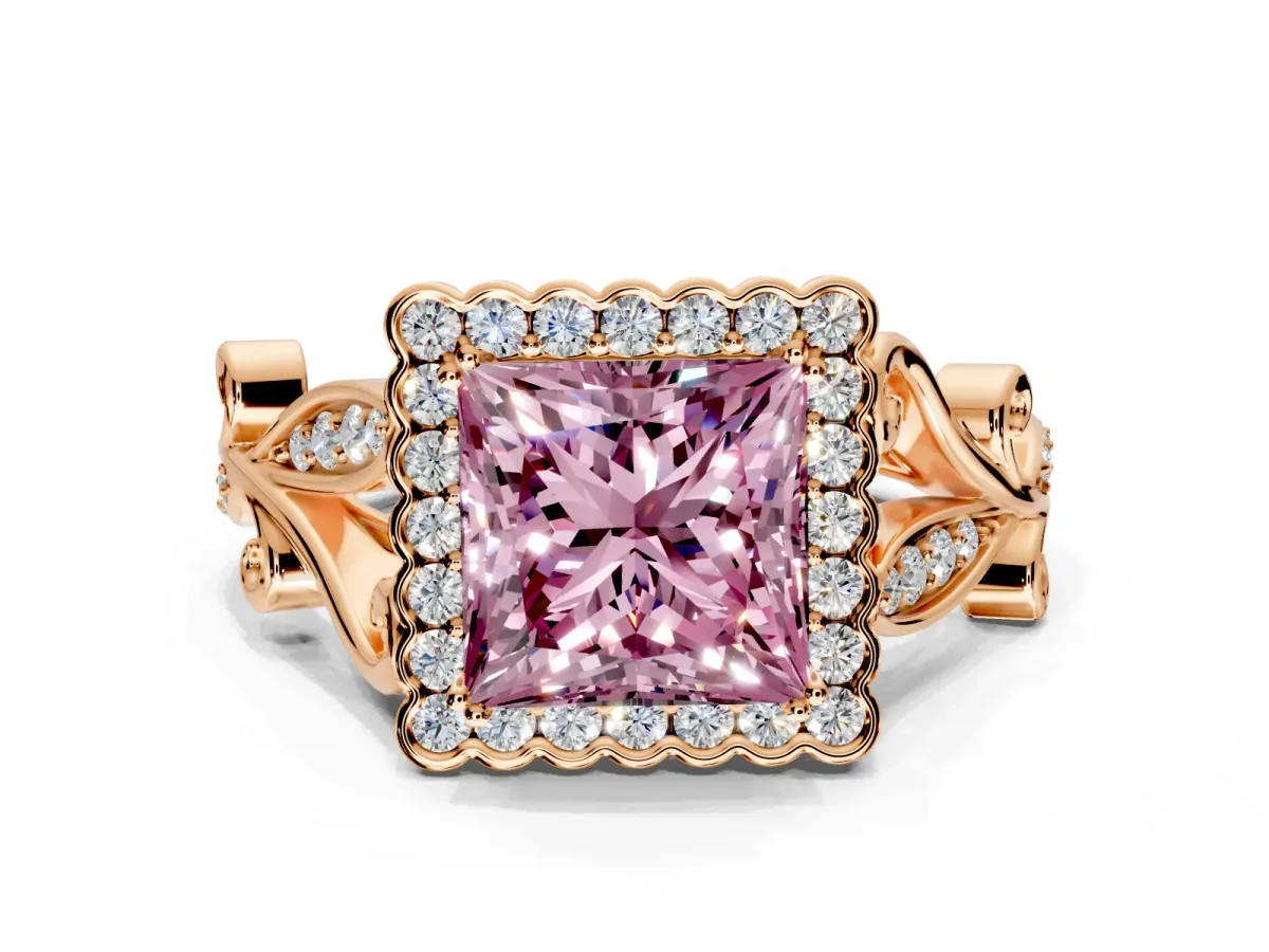 Halo Engagement Ring Setting for Fancy Pink Princess Cut Center with Leaf Motif Split Shank and Prong Head in Rose Gold