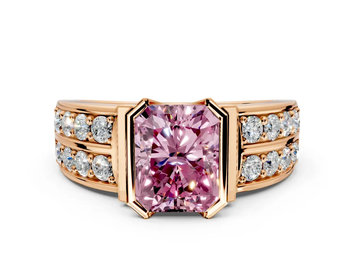 Bezel Engagement Ring Setting for Fancy Pink Radiant Cut Center with Wide Channel-Set Band and Bezel Head in Rose Gold