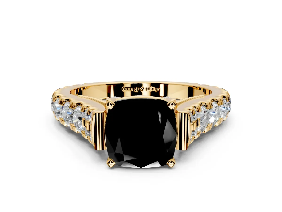 Solitaire Engagement Ring Setting for Fancy Black Cushion Cut Center with Pave Cathedral Shoulders and Prong Head in Yellow Gold