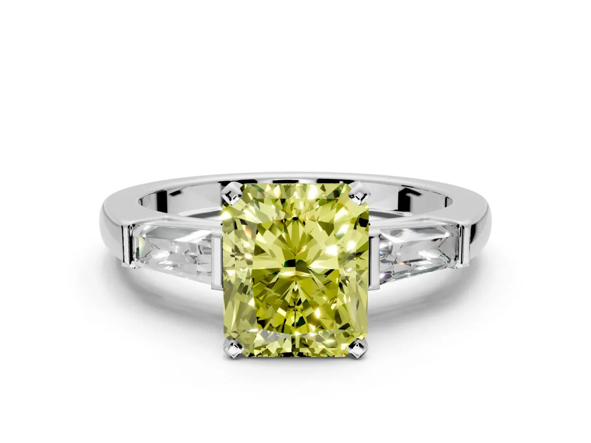 3 Stone Engagement Ring Setting for Fancy Yellow Radiant Cut Center with Tapered Baguettes, Plain Band and Prong Head in Sterling Silver