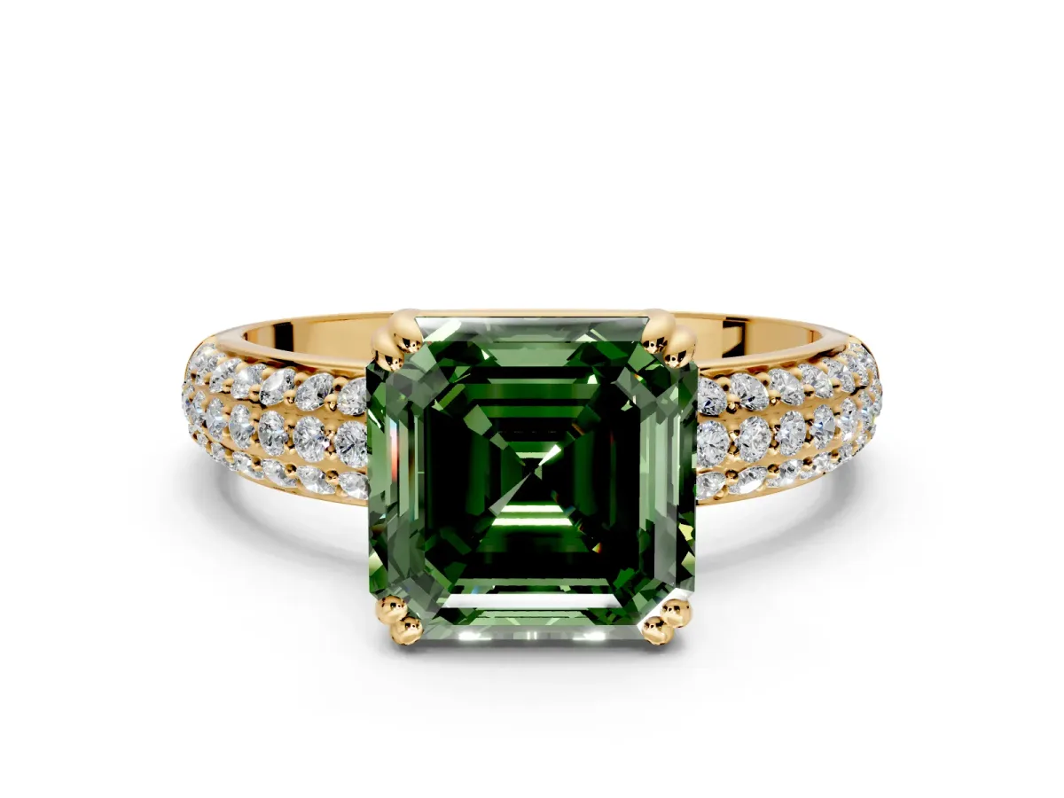 Solitaire Engagement Ring Setting for Fancy Green Asscher Cut Center with Multi-Row Pave Accents and Basket Head in Yellow Gold