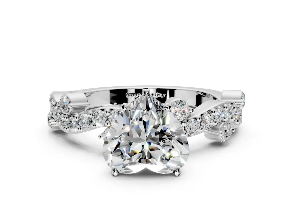 Solitaire Engagement Ring Setting for Heart-Shaped Center with Bar-Station Pave Twist and Prong Head in White Gold