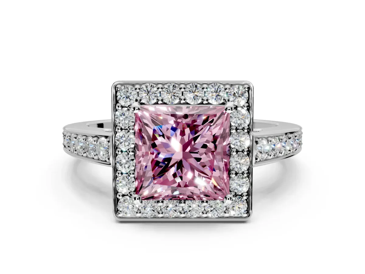 Bezel-Framed Halo Engagement Ring Setting for Fancy Pink Princess Cut Center with Pave Band and Prong Head in White Gold