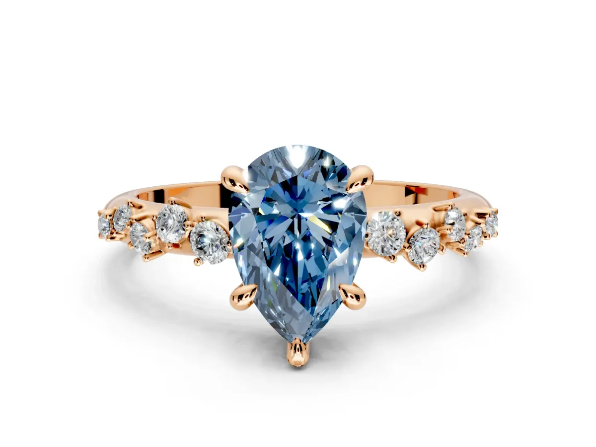 Solitaire Engagement Ring Setting for Fancy Blue Pear-Shaped Center with Trailing Leaf Accent Band and Prong Head in Rose Gold
