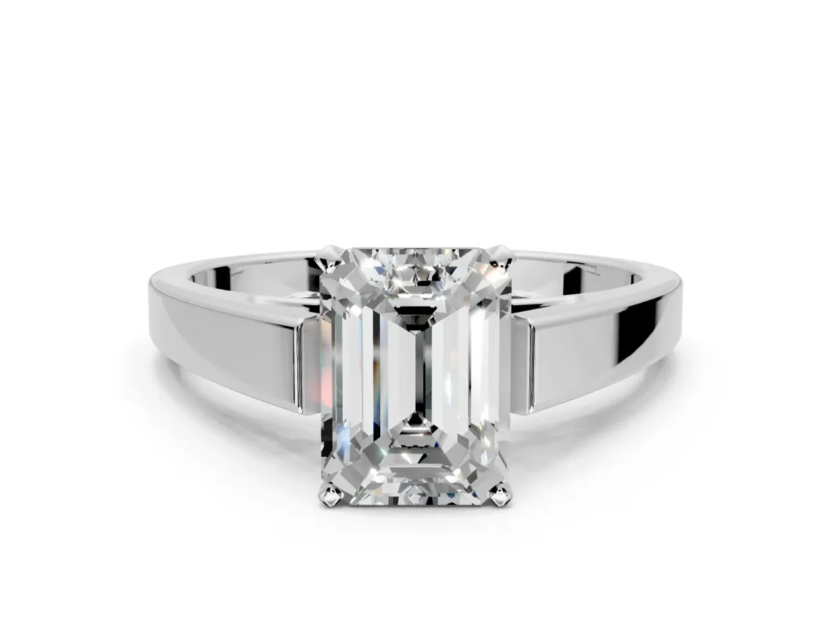 Solitaire Engagement Ring Setting for Emerald Cut Center with Tapered Split Shoulders and Prong Head in Platinum