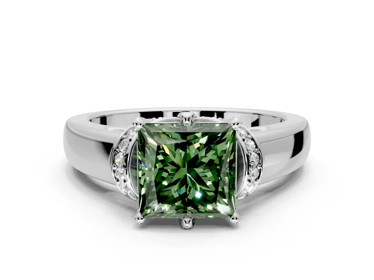 Solitaire Engagement Ring Setting for Fancy Green Princess Cut Center with Wide Band, Pave Collar and Prong Head in White Gold