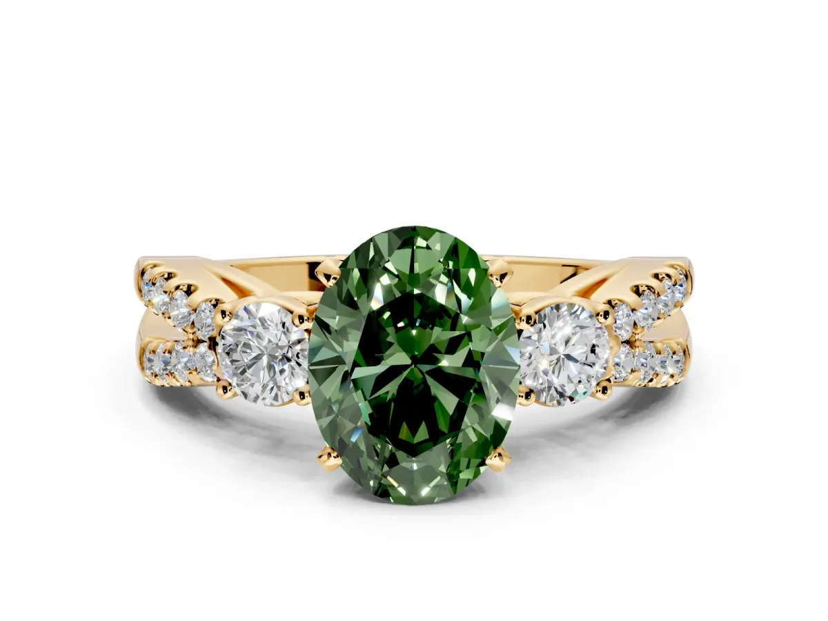 3 Stone Engagement Ring Setting for Fancy Green Oval Center with Pave Split Shank and Prong Head in Yellow Gold