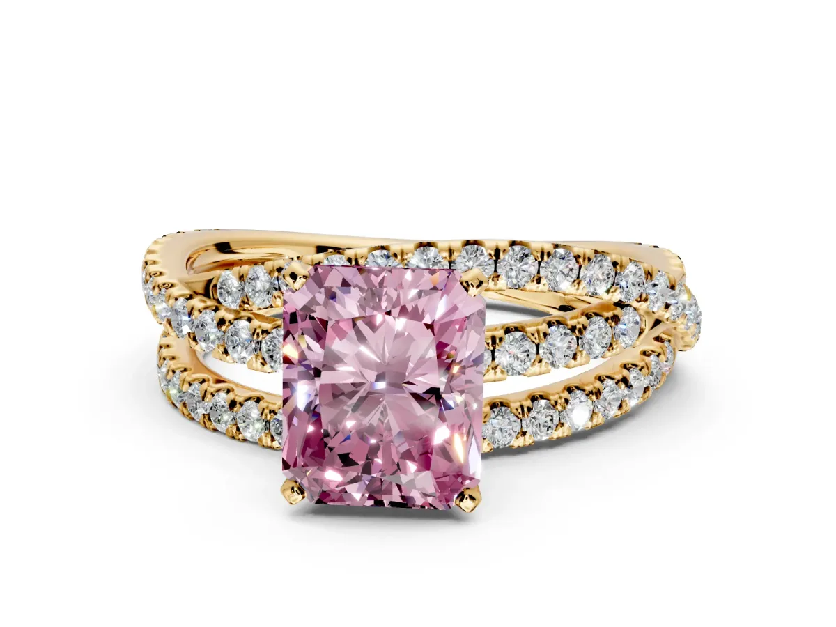 Solitaire Engagement Ring Setting for Fancy Pink Radiant Cut Center with Woven 3-Strand Pave Band and Prong Head in Yellow Gold