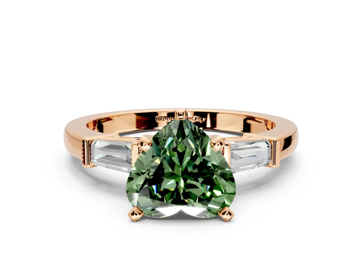 3 Stone Engagement Ring Setting for Fancy Green Heart-Shaped Center with Channel Baguette Accents and Prong Head in Rose Gold