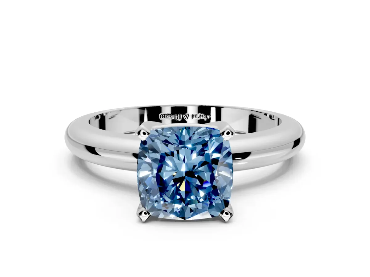 Solitaire Engagement Ring Setting for Fancy Blue Cushion Cut Center with Wire Band and Prong Head in White Gold
