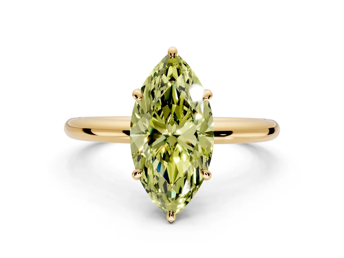 Low-Set Solitaire Engagement Ring Setting for Fancy Yellow Oval Center with Thin Plain Band and Prong Head in Yellow Gold