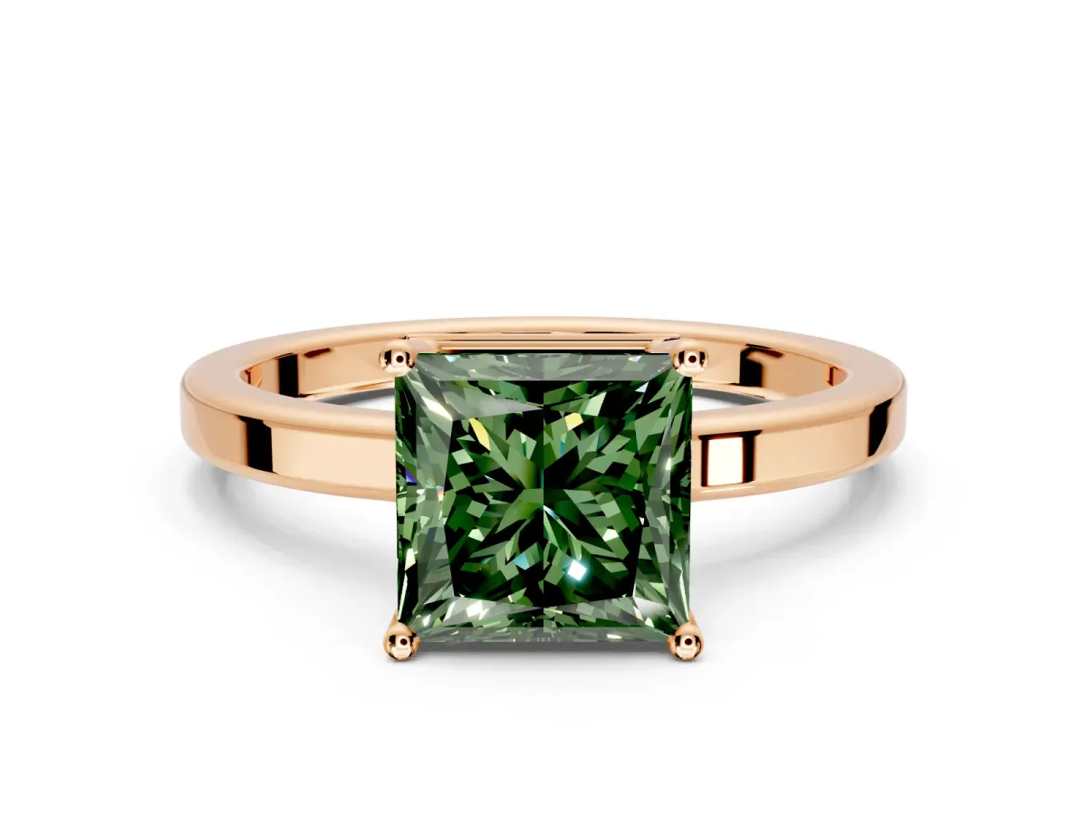 Hidden Halo Engagement Ring Setting for Fancy Green Princess Cut Center with Wide Flat Plain Band and Prong Head in Rose Gold