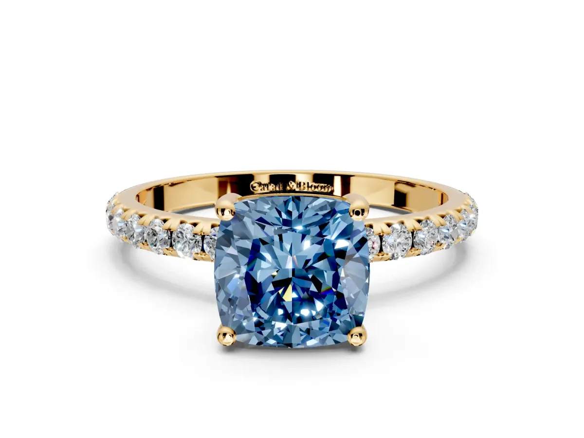 Solitaire Engagement Ring Setting for Fancy Blue Cushion Cut Center with Micro Pave Band and Prong Head in Yellow Gold
