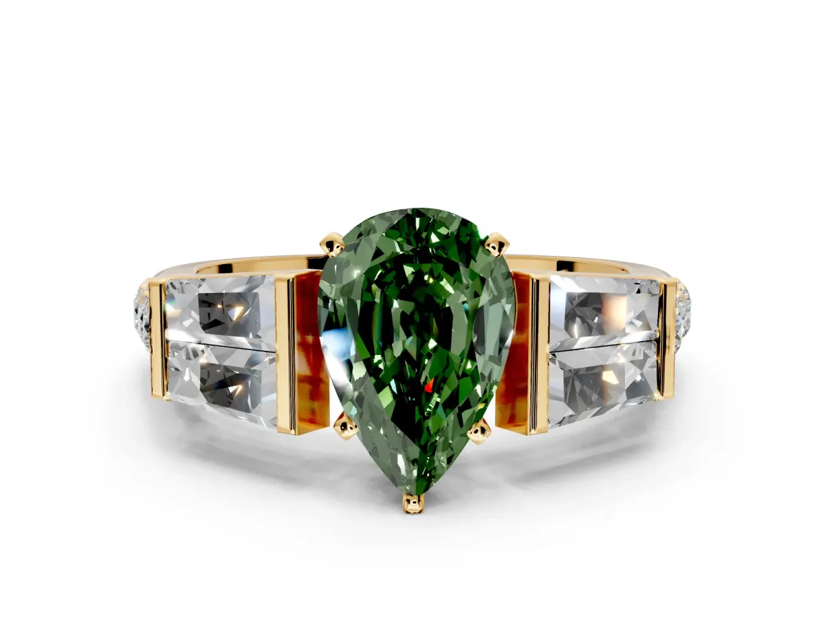 Channel-Set Engagement Ring Setting for Fancy Green Pear-Shaped Center with Baguette Band and Prong Head in Yellow Gold