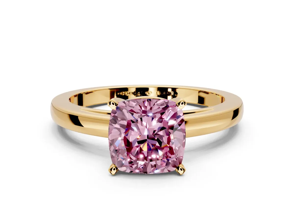 Solitaire Engagement Ring Setting for Fancy Pink Cushion Cut Center with Basket Rail and Prong Head in Yellow Gold