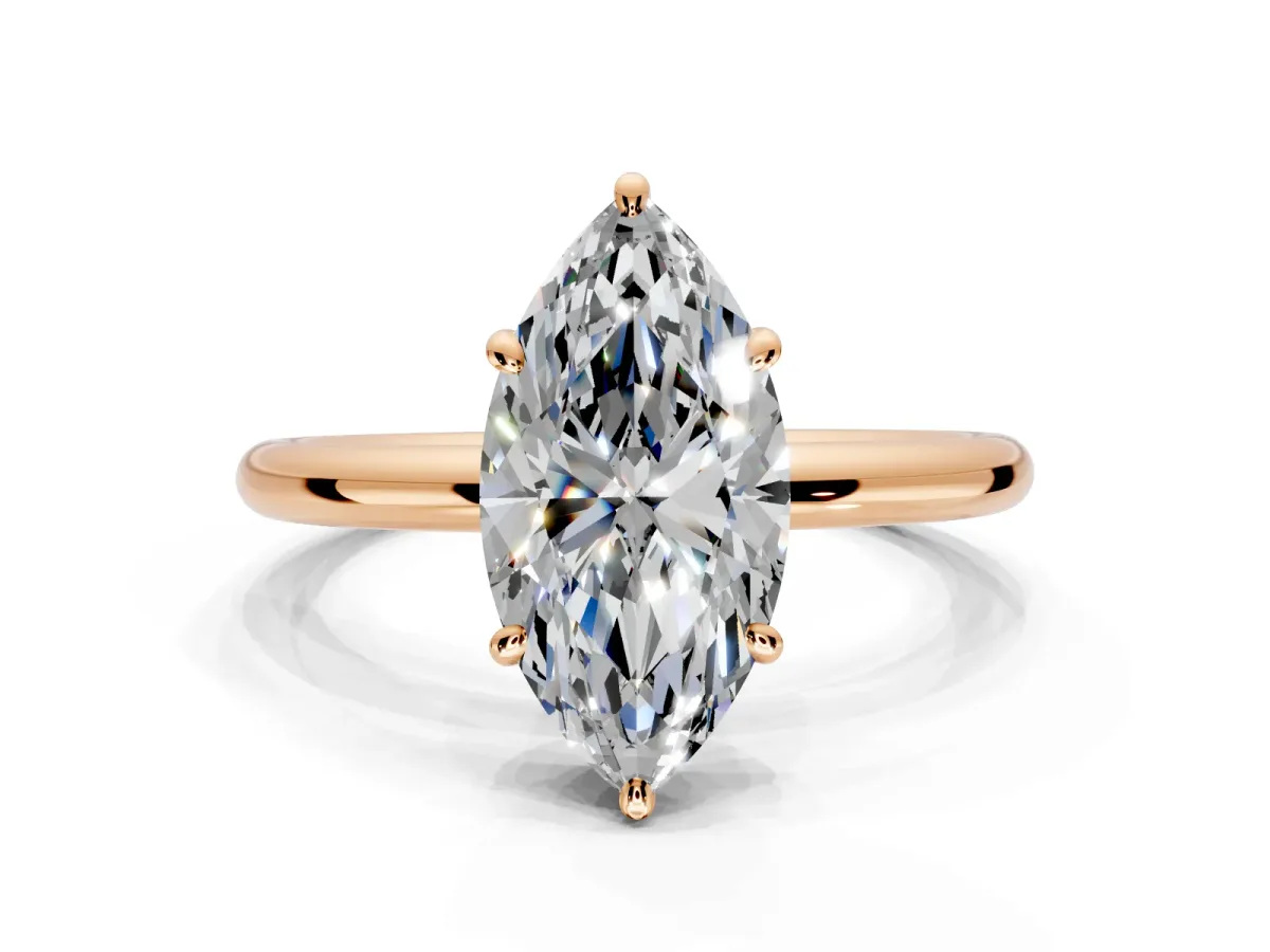 Low-Set Solitaire Engagement Ring Setting for Marquise Center with Thin Plain Band and Prong Head in Rose Gold