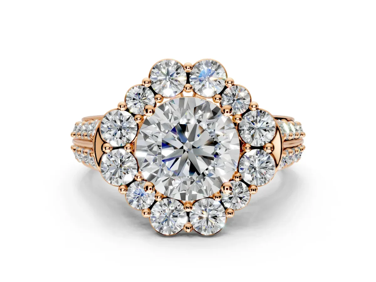 Large Accent Halo Engagement Ring Setting for Round Cut Center with Pave Split Shank and Prong Head in Rose Gold