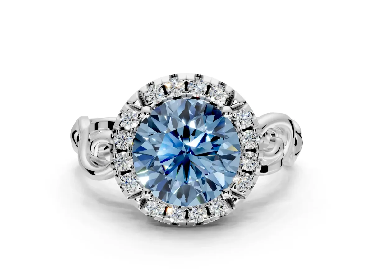Halo Engagement Ring Setting for Fancy Blue Round Cut Center with Open Scroll Shoulders and Prong Head in Sterling Silver
