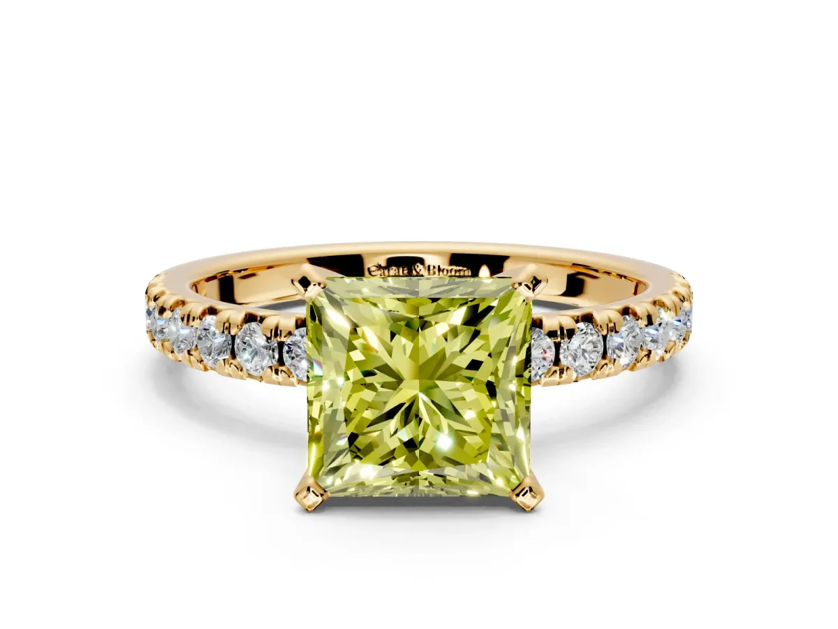 Solitaire Engagement Ring Setting for Fancy Yellow Princess Cut Center with Large Accents and Prong Head in Yellow Gold