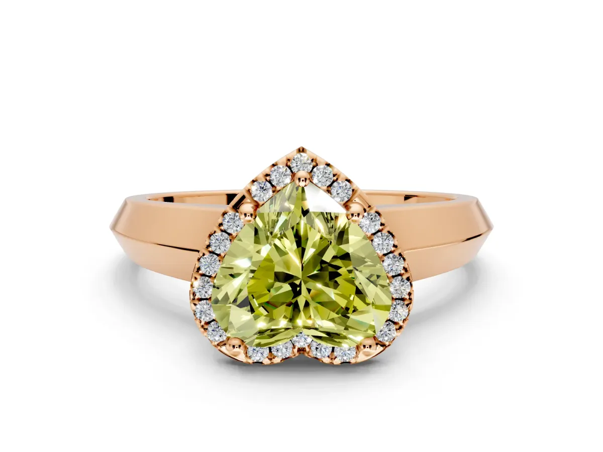 Halo Engagement Ring Setting for Fancy Yellow Heart-Shaped Center with Knife Ridge Cathedral Band and Prong Head in Rose Gold