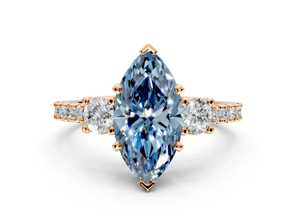 3 Stone Engagement Ring Setting for Fancy Blue Marquise Center with Round Cut Side Accents and Prong Head in Rose Gold
