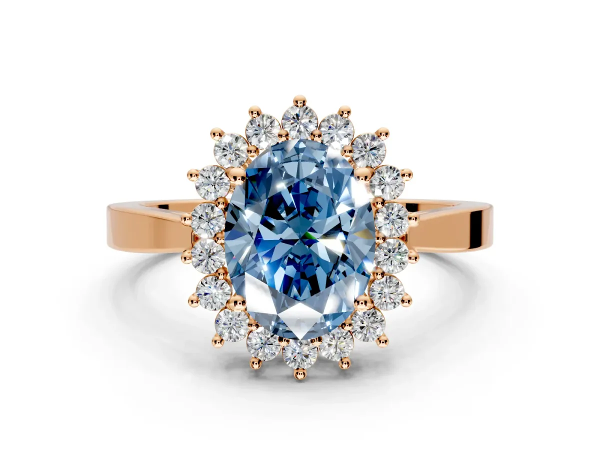 Starburst Halo Engagement Ring Setting for Fancy Blue Oval Center with Flat Cathedral Band and Prong Head in Rose Gold