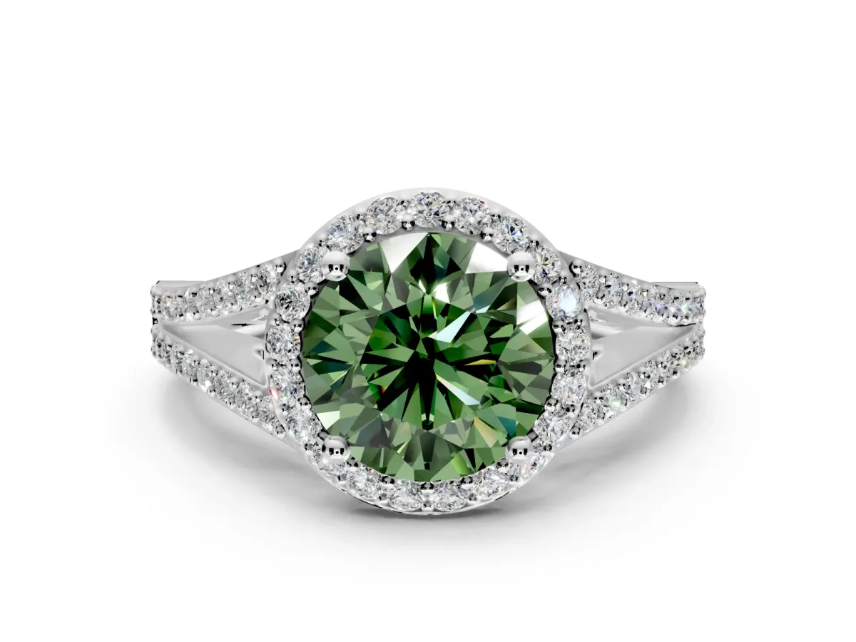 Halo Engagement Ring Setting for Fancy Green Round Cut Center with Pave Split Shank and Prong Head in Sterling Silver