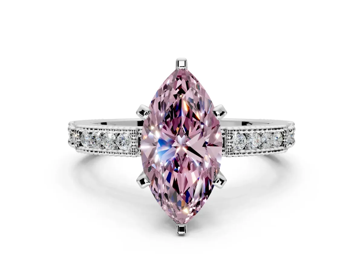 Solitaire Engagement Ring Setting for Fancy Pink Marquise Center with Milgrain-Edged Pave Band and Prong Head in Sterling Silver