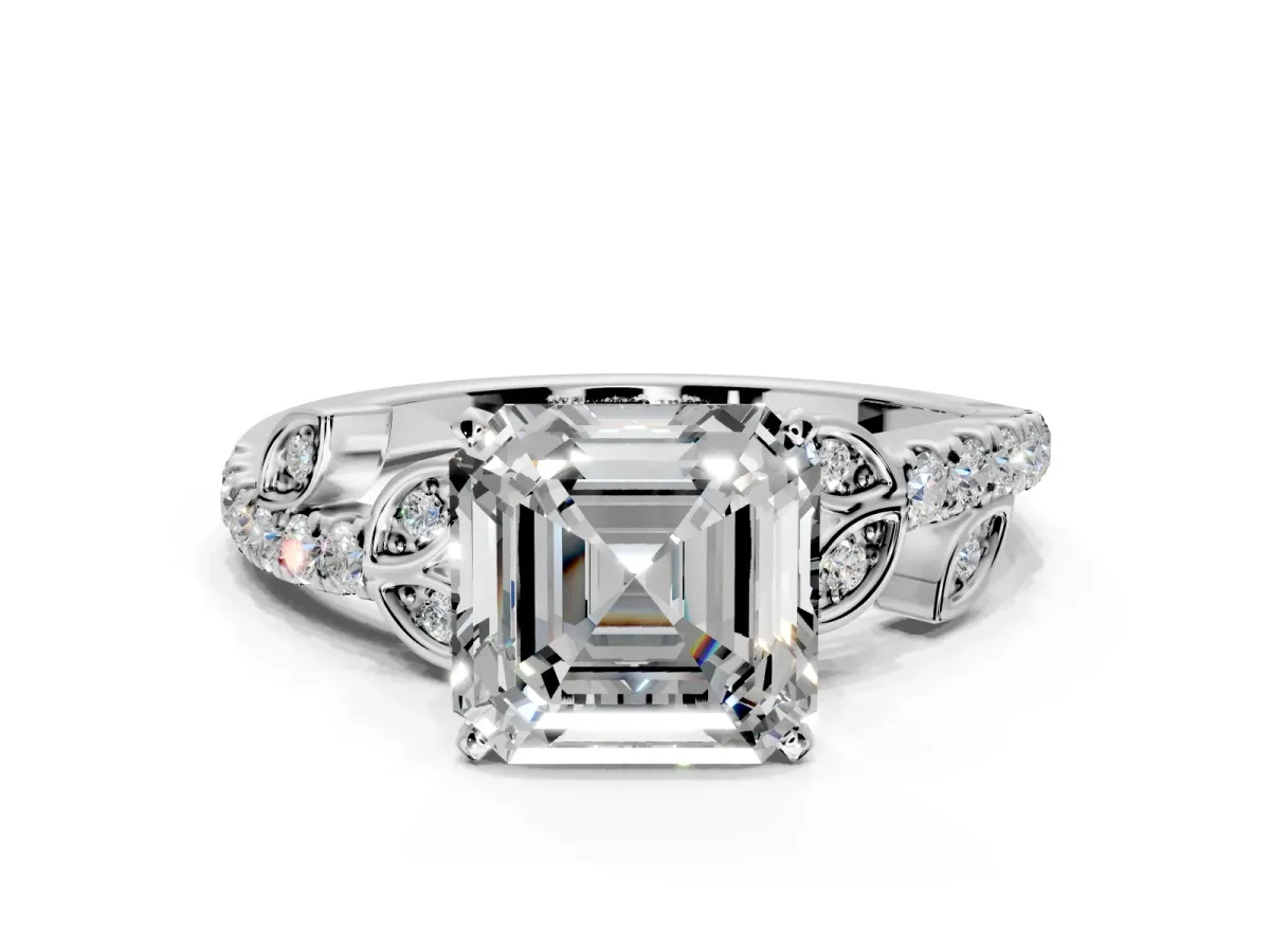 Leaf Motif Engagement Ring Setting for Asscher Cut Center with Pave Band and Prong Head in White Gold
