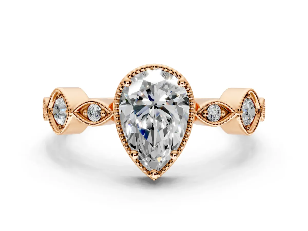 Vintage Station Engagement Ring Setting for Pear-Shaped Center with Accents and Prong Head in Rose Gold
