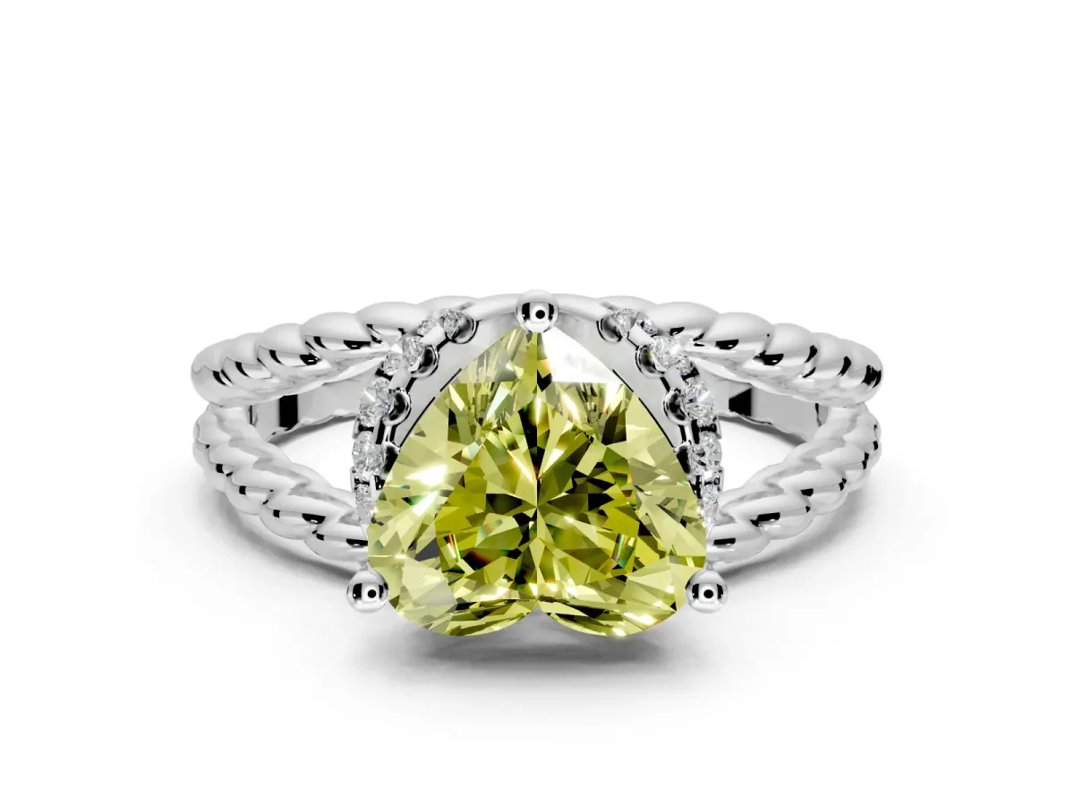 Halo Engagement Ring Setting for Fancy Yellow Heart-Shaped Center with Rope Twist Split Shank and Prong Head in Platinum