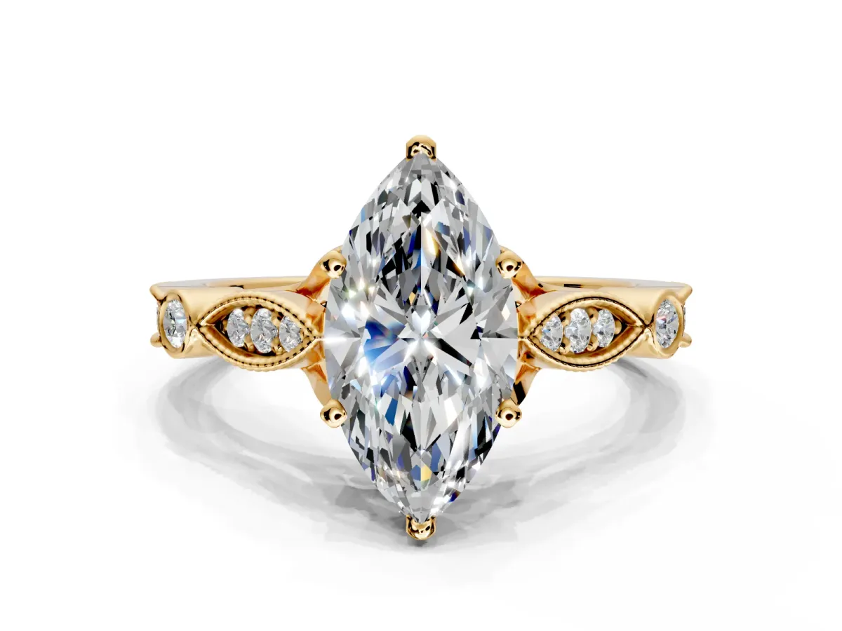Solitaire Engagement Ring Setting for Marquise Center with Marquise and Bezel Accents and Prong Head in Yellow Gold