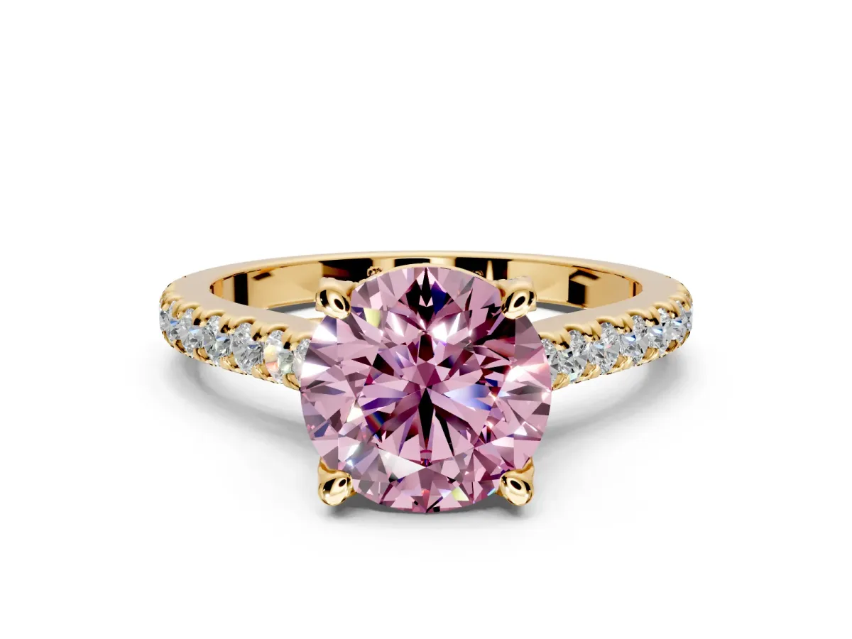 Solitaire Engagement Ring Setting for Fancy Pink Round Cut Center with Widening Pave Band and Claw Prong Head in Yellow Gold