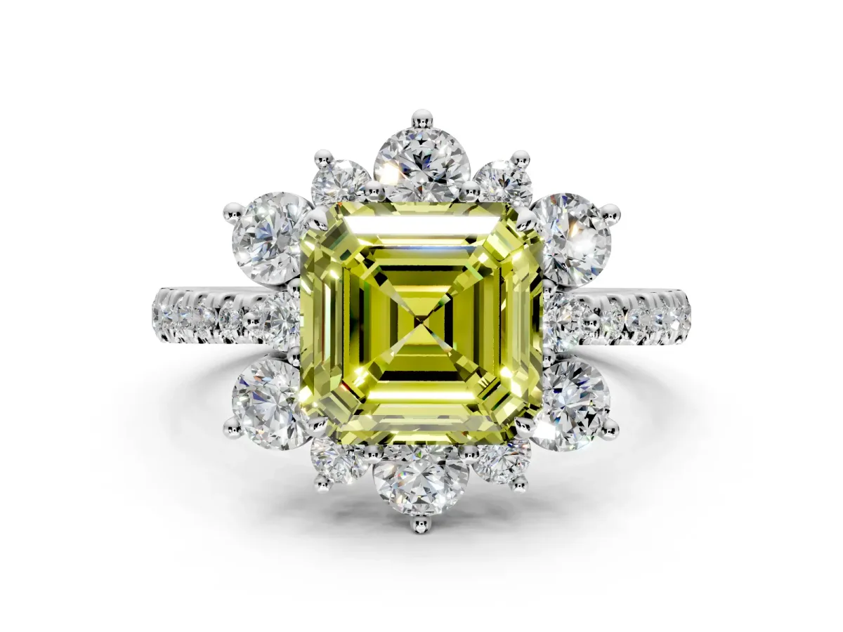Floral Halo Engagement Ring Setting for Fancy Yellow Asscher Cut Center with Pave Accents and Prong Head in Sterling Silver