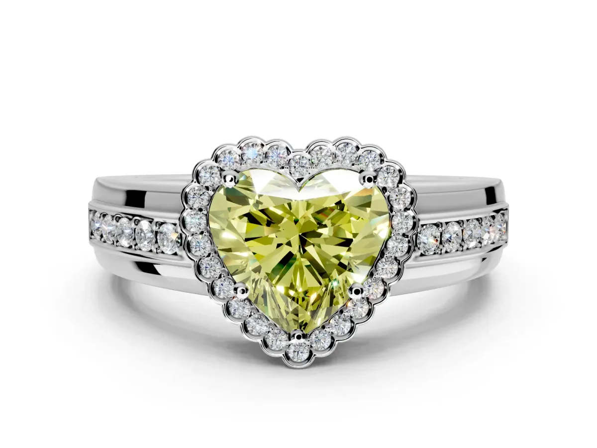 Halo Engagement Ring Setting for Fancy Yellow Heart-Shaped Center with Wide Band, Inlaid Accent Row and Prong Head in Platinum