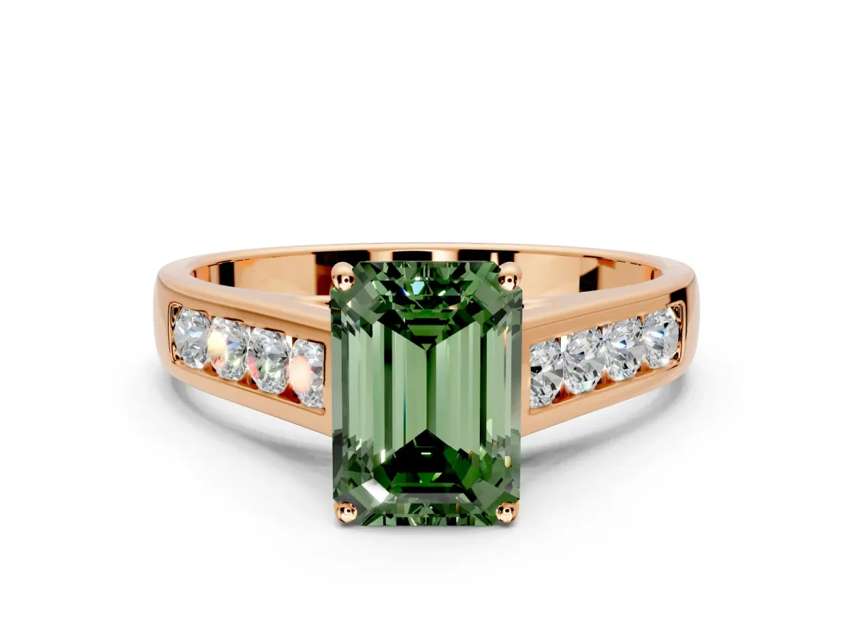 Solitaire Engagement Ring Setting for Fancy Green Emerald Cut Center with Round Cut Channel Band and Prong Head in Rose Gold