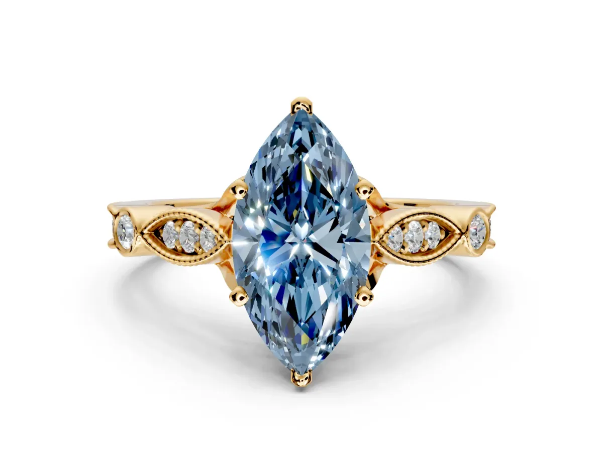 Solitaire Engagement Ring Setting for Fancy Blue Marquise Center with Marquise and Bezel Accents and Prong Head in Yellow Gold